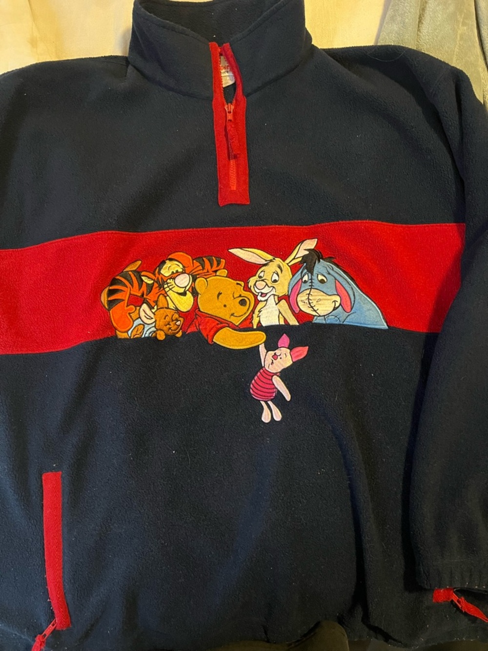 Navy Fleece Pullover with Red Stripe and Winnie the Pooh Characters